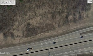 Mysterious fence around the Highway 62 prairie is quite evident in this air photo kindly provided by Google Earth.